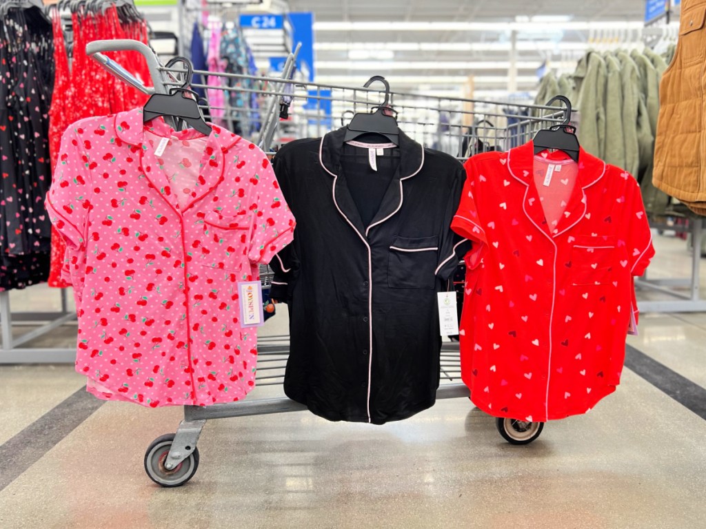 Short sleeve pajama sets hanging off Walmart, shopping cart in different patterns and colors