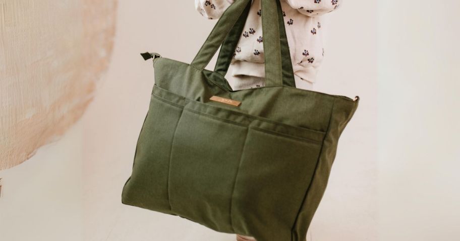 a large olive green tote bag