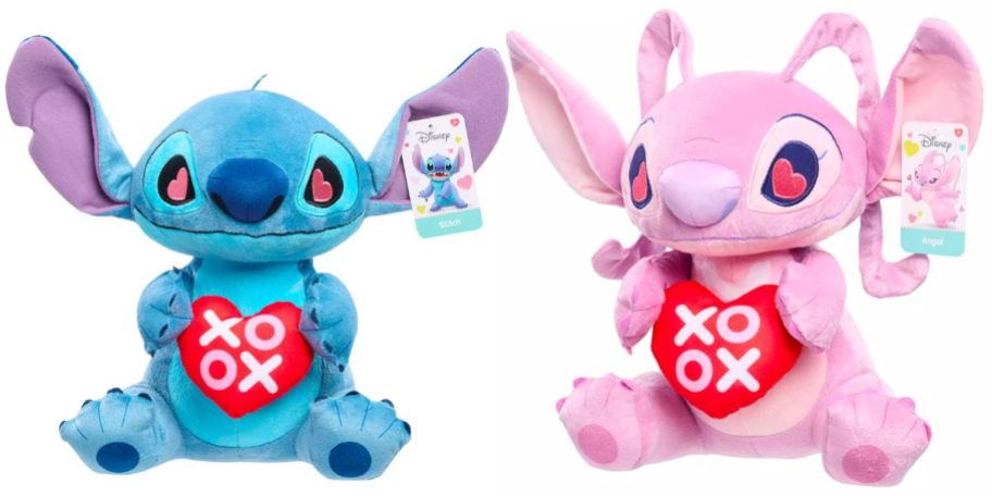 a blue stitch plush and a pink angel plush both with valentines hearts
