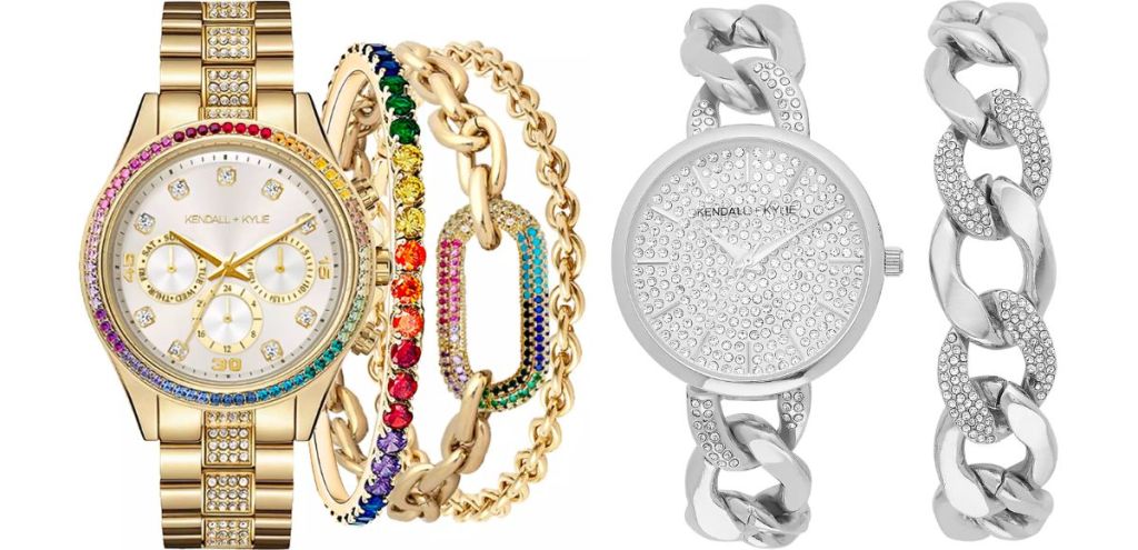 KENDALL & KYLIE Women's Crystal Accent Watch and Bracelets Sets stock images 