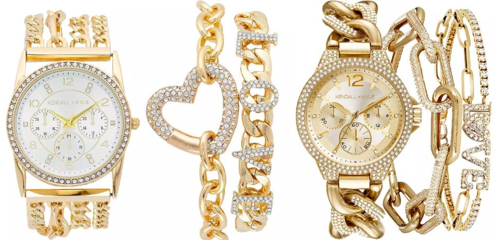 KENDALL & KYLIE Women's Crystal Watch & Heart Bracelet Sets stock images 