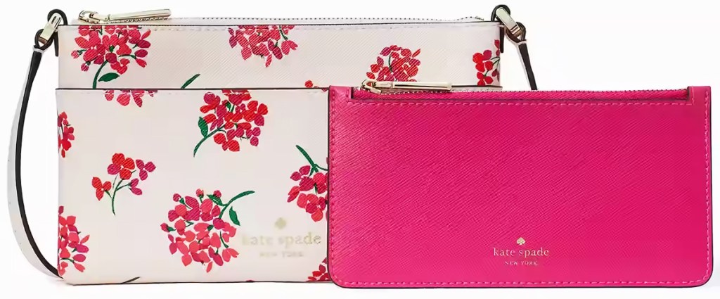 white crossbody bag with pink floral print and matching pink wristlet