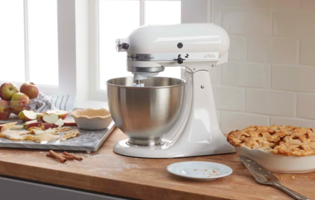 A Kitchen Aid Tilt Mixer Sold on Wayfair being used to make apple pie