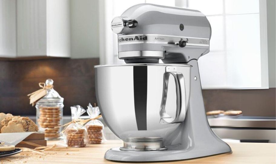 a chrome colored kitchenaid tilt head stand mixer