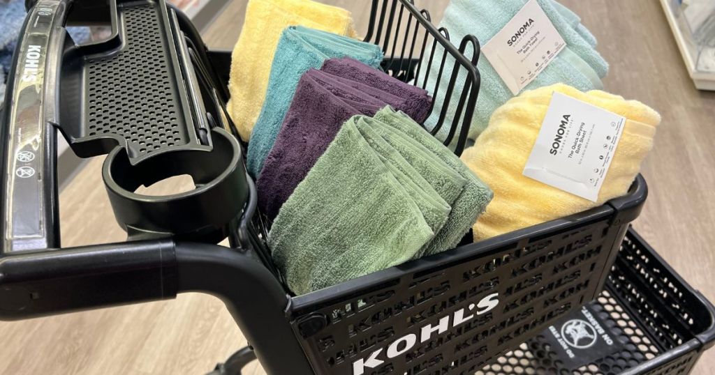 Kohl's shopping cart with different color ribbed bath towels in it