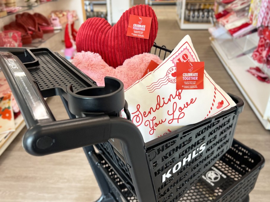 valentines day pillows in a kohl's shopping cart
