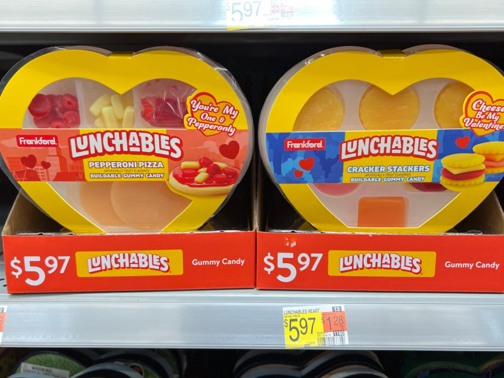 Heart shaped boxes of gummy lunchables inside Walmart store