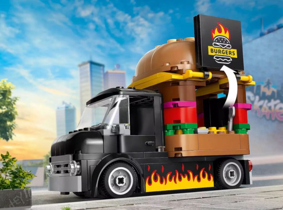 an assembled lego burger food truck