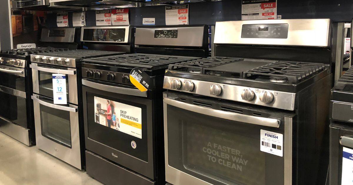 a row of display ranges in a lowes store