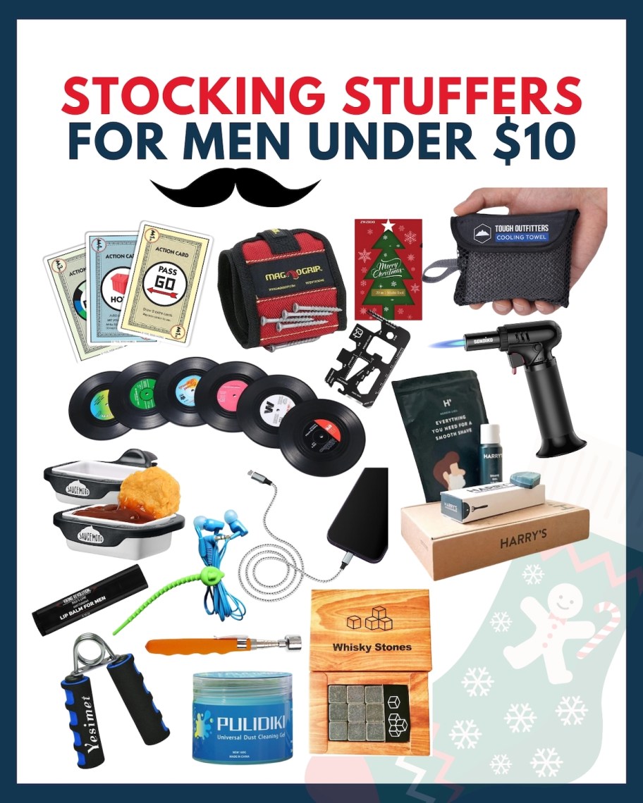 collage of different stocking stuffers for men under $10