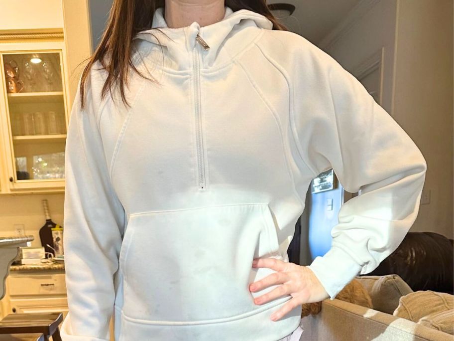 Woman wearing a Laslulu hoodie