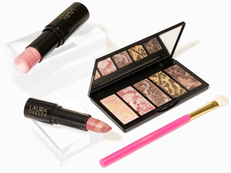 Italian Marble Baked Eyeshadow Palette, Blush Stick, and Lipstick, and pink eyeshadow brush