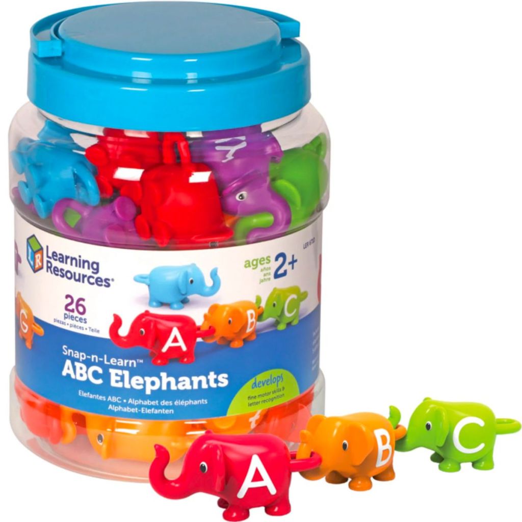 Learning Resources Snap-n-Learn ABC Elephants stock image of round plastic jar with 3 abc elephants linked and sitting in front of the container