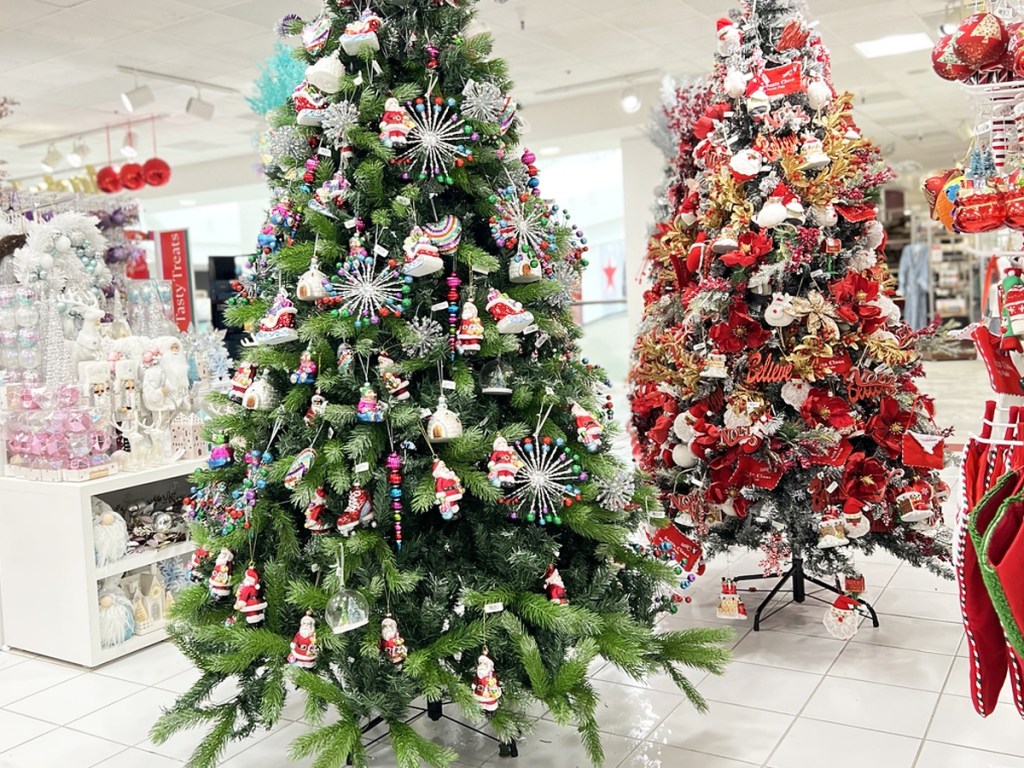 decorated christmas trees in store