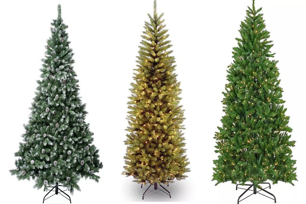 three artificial christmas trees