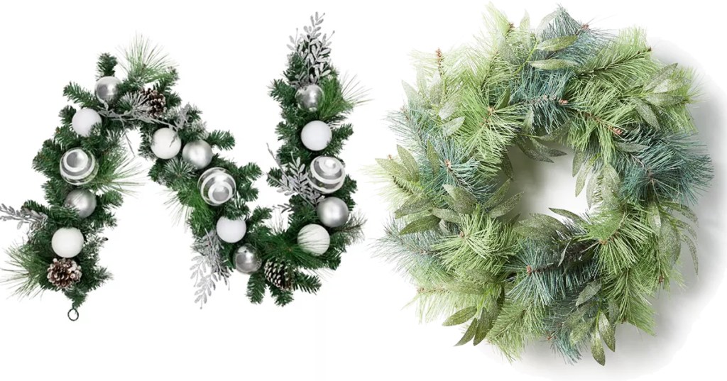 garland strand with ornaments and greenery wreath