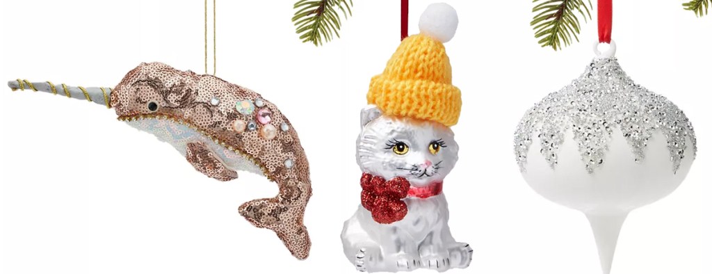 narwhal, cat, and glittery white ball ornaments