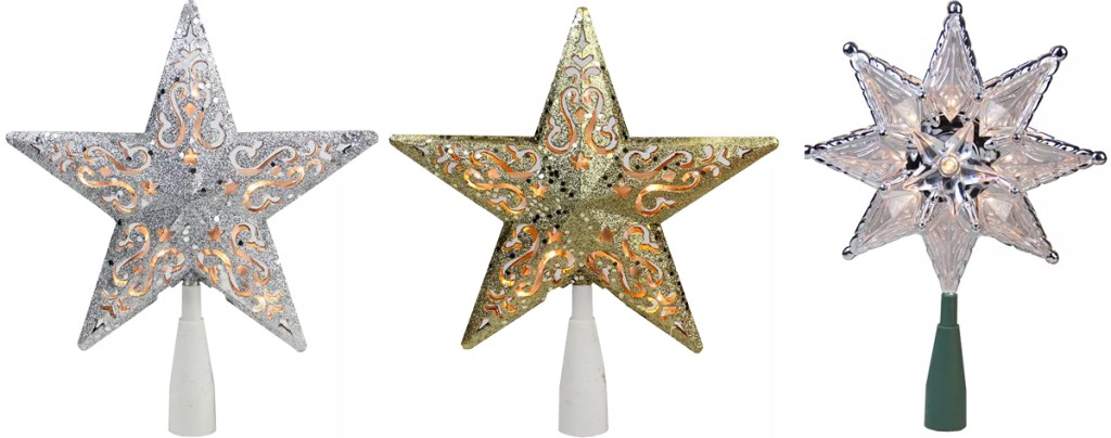 three silver and gold christmas tree toppers