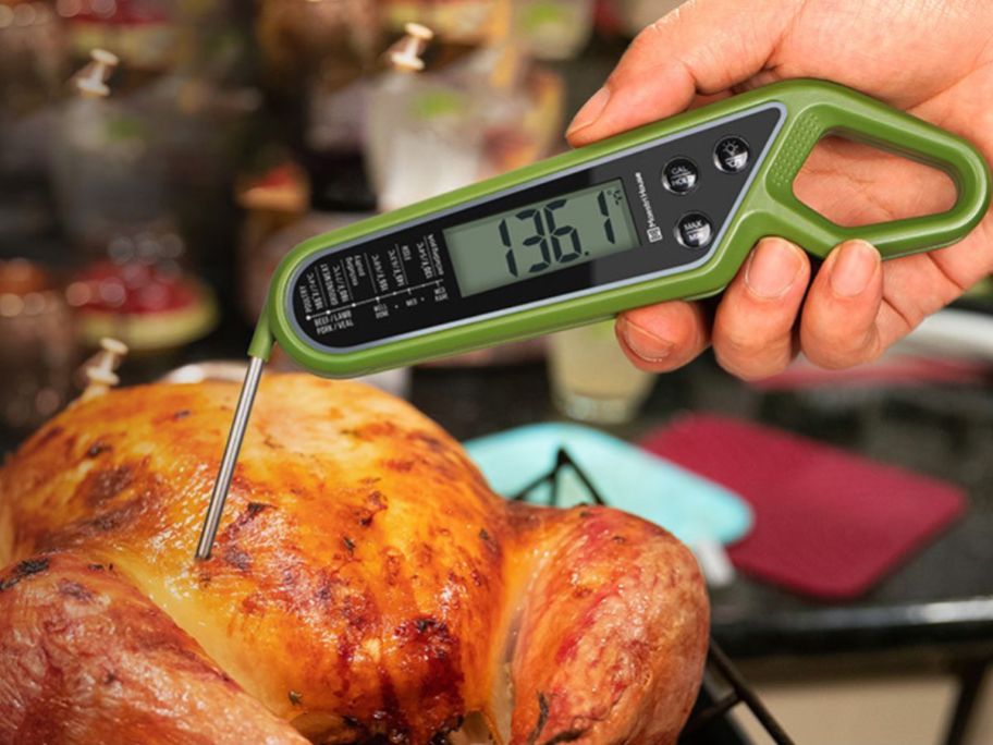 Hand using a Maestri Home Digital Meat Thermometer to check the internal temp of a whole chicken