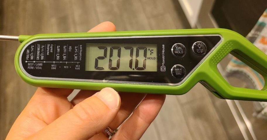 Hand hlding a Maestri House Digital Thermometer