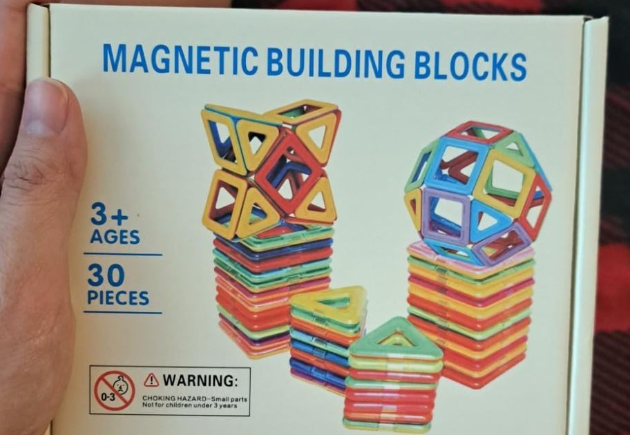 Hand holding a small box of magnetic building tiles