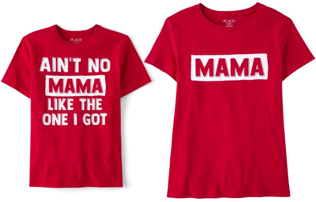 2 Matching Family Mama Graphic Tees in red with white lettering stock image