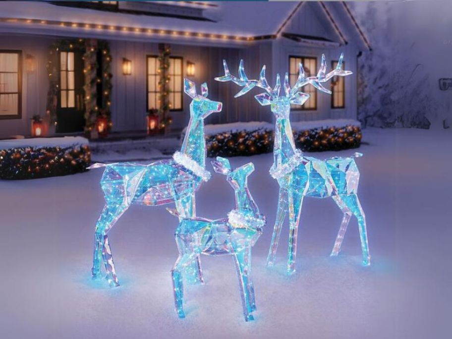 Member's Mark 3-Piece Pre-Lit Prismatic Deer Family on front yard