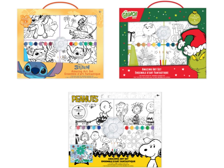 Three art sets including Stitch, Grinch and Peanuts.