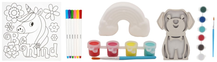 A unicorn coloring set, a rainbow painting set and a dog painting set.