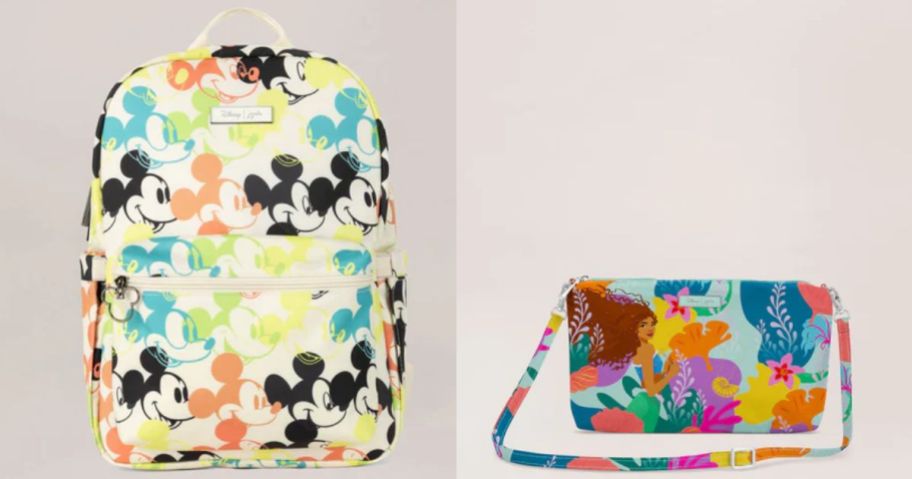 a mickey mouse midi sized backpack and a little mermaid crossbody purse/ wristlet