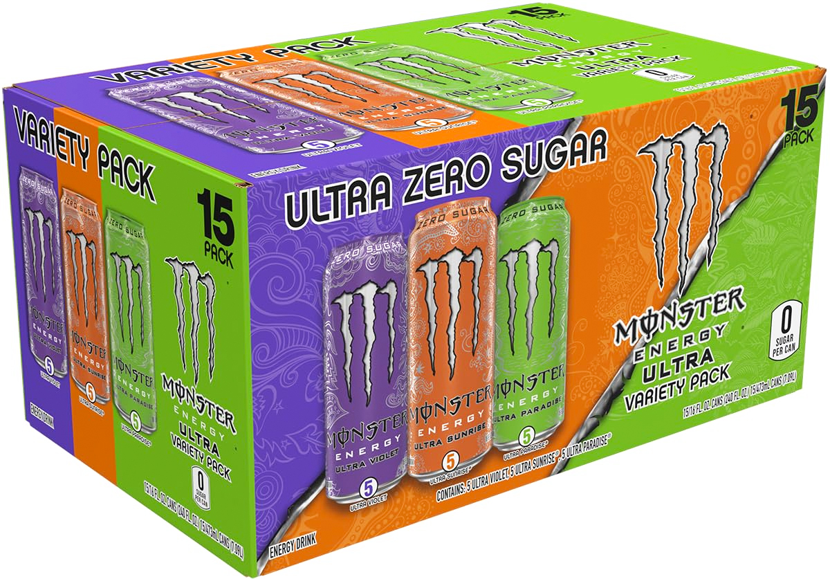 purple, orange, and green box of monster energy drinks