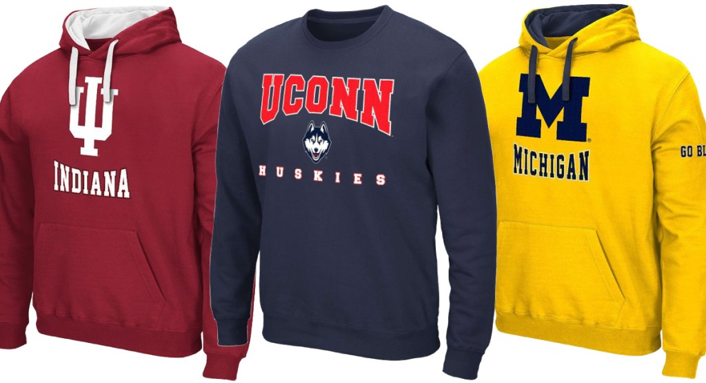 NCAA sweatshirts in different colors with different schools on them-2