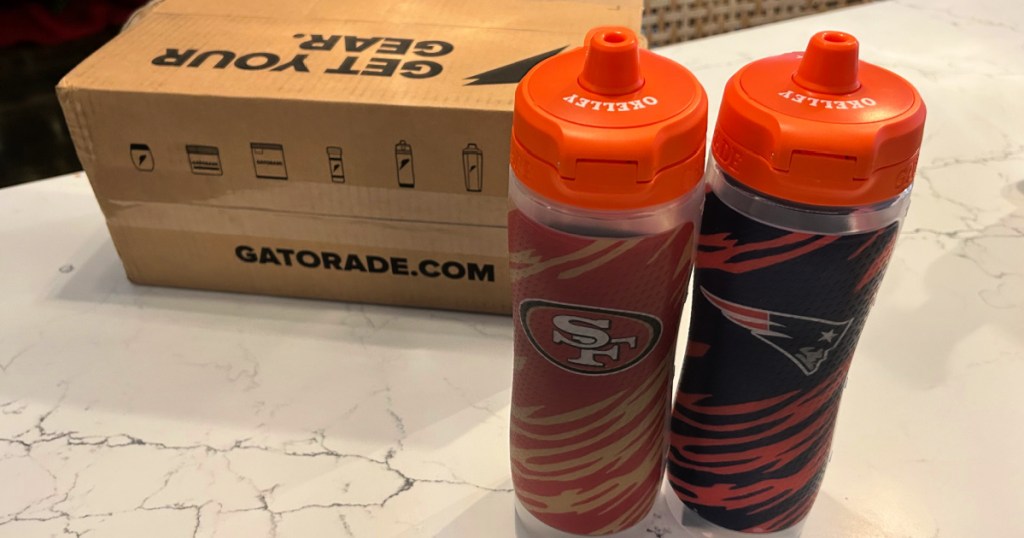 49ers and patriots nlf-themed gatorade bottles on counter