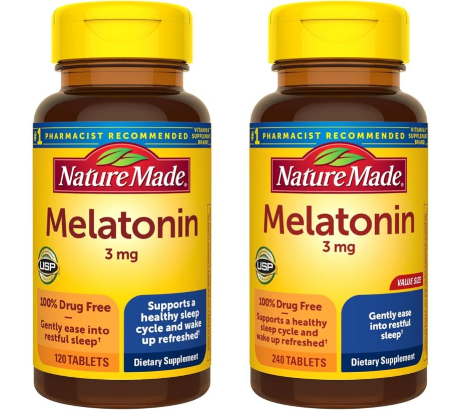 a 120 and 240 count bottles of nature made melatonin on a white background