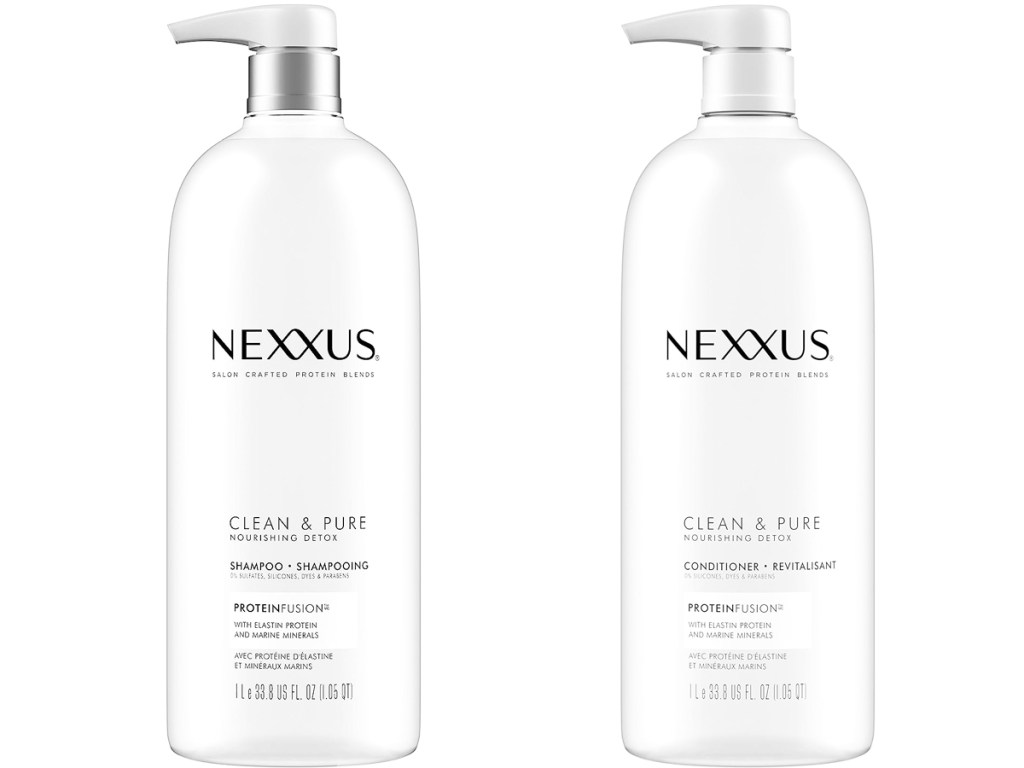 two large white bottles of Nexxus Clean and Pure shampoo and conditioner