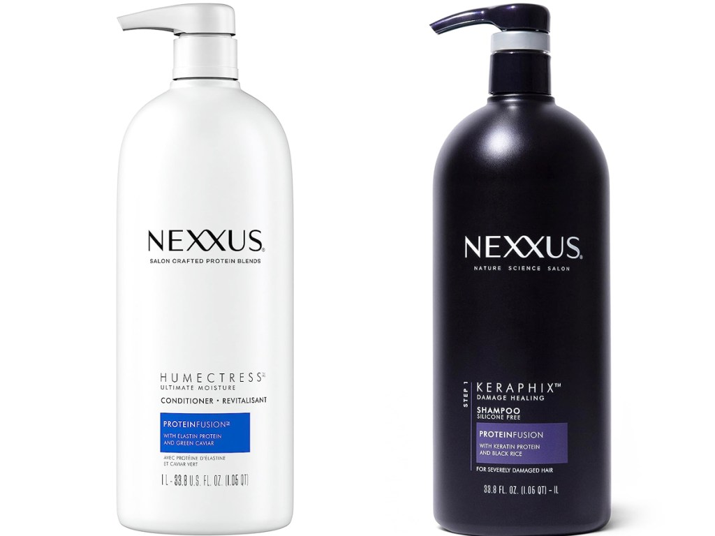 white and black large bottles of Nexxus Clean and Pure shampoo and conditioner