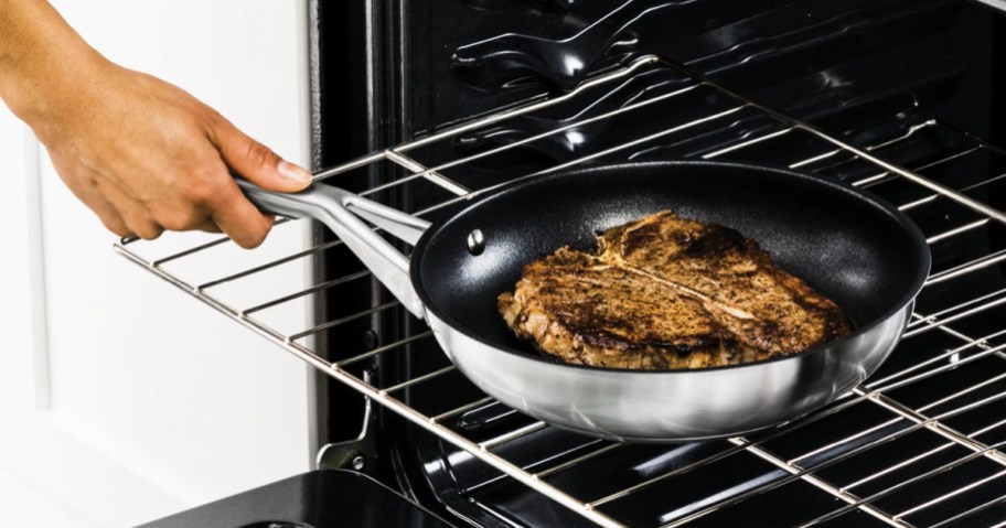 hand placing a frying pan with steak into an oven
