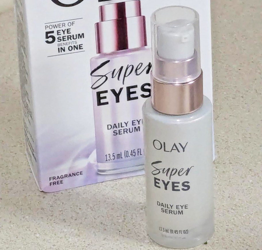 bottle of Olay Super Eyes Serum in front of its box