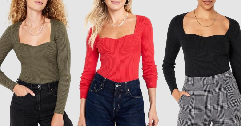 Stock image of 3 women wearing an Old Navy Sweater in different colors