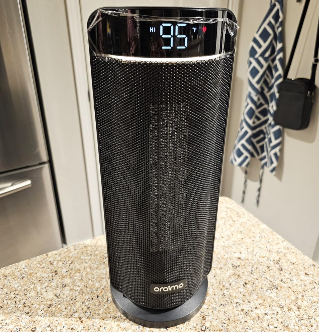 black portable space heater on top of kitchen counter