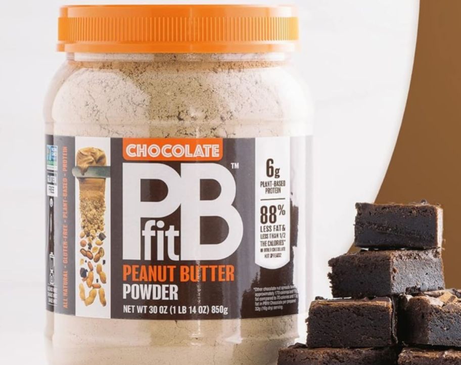 A jar of PBfit All-Natural Chocolate Peanut Butter Powder