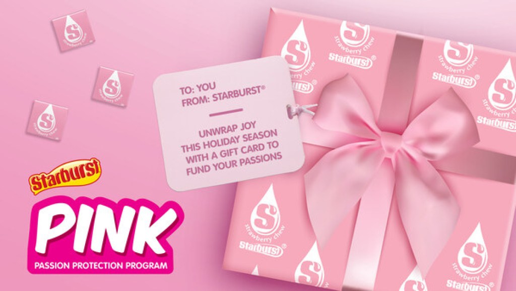pink starburst with a gift tag