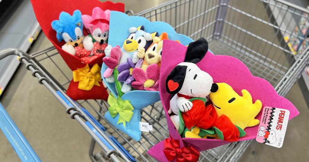 sonic, bluey, and snoopy plush valentine's bouquets in shopping cart