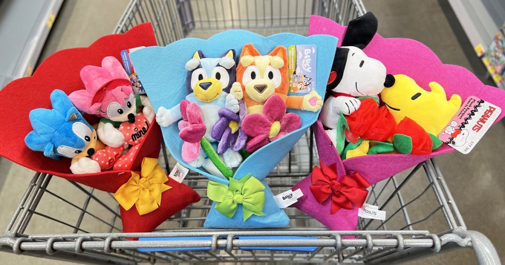 sonic, bluey, and snoopy plush valentine's bouquets in shopping cart