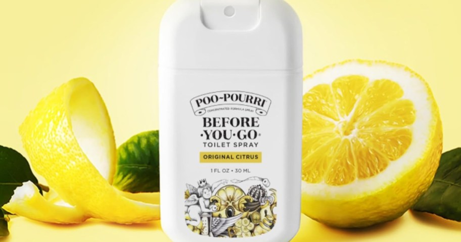 Poo-Pourri Toilet Spray 1oz Bottle with lemons in background