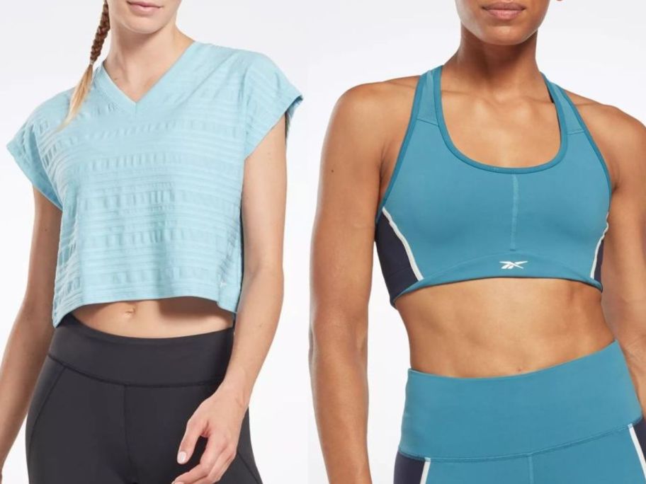 stock images of women wearing a reebok tee and sports bra