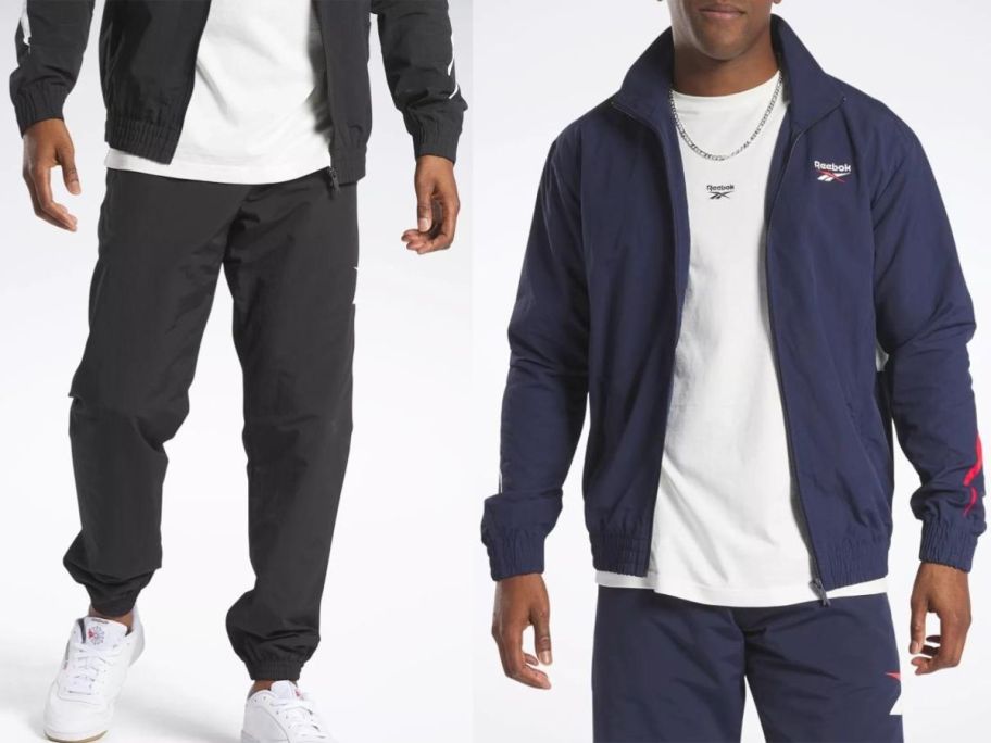 Stock images of a man wearing reebok tracksuit pants and jacket