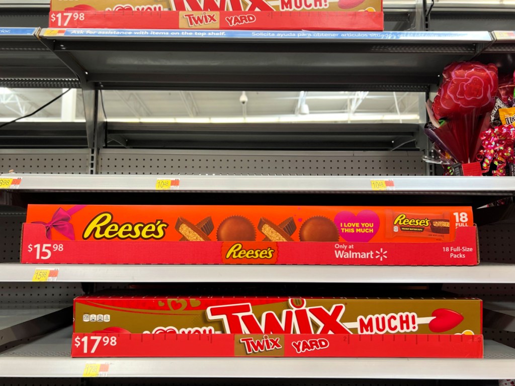 Reese's peanut butter, cups and Twix candy bars, yard long valentine themed packs in Walmart store