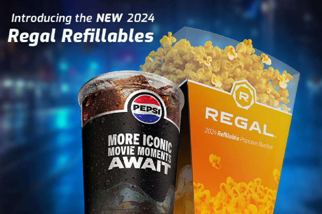 Regal Refillables containers including a Regal popcorn refill and drink refill