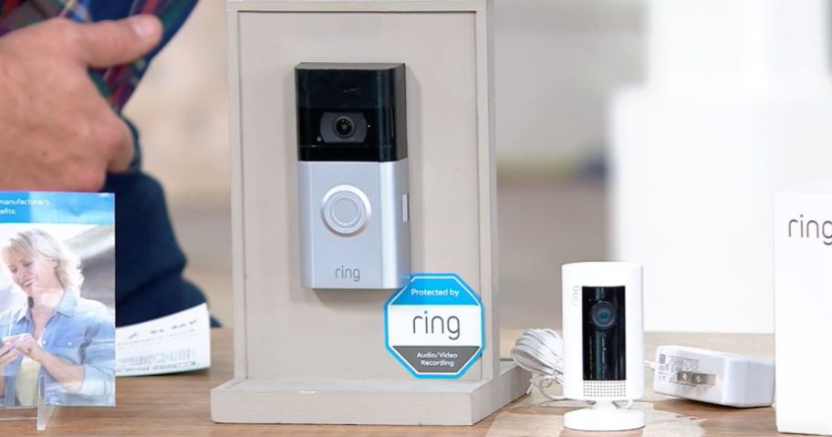 A Ring Video Doorbell Bundle from QVC with doorbell and indoor security camera